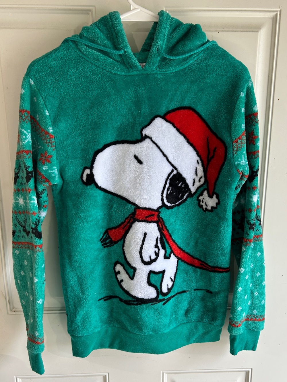 Peanuts Crewneck Sweater in Teal with Snoopy Holiday Graphic